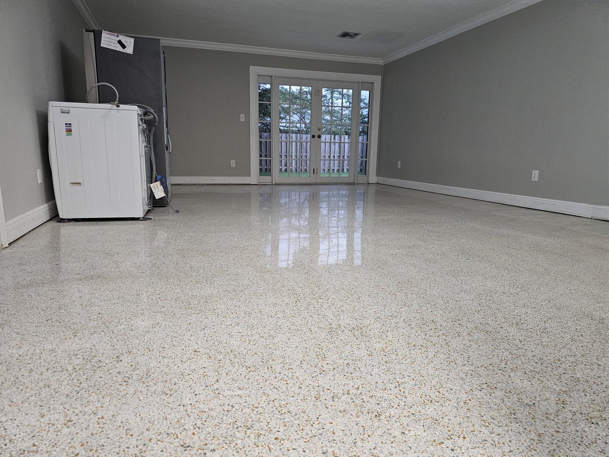 Original 1960s terrazzo living room floor in a Westchester, Miami home after restoration