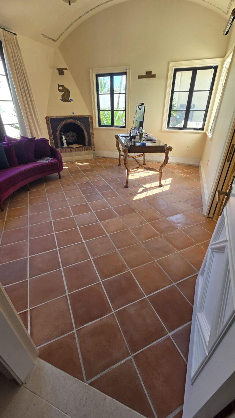 Real terracotta tile floor laid on the diagonal in a Miami Beach home