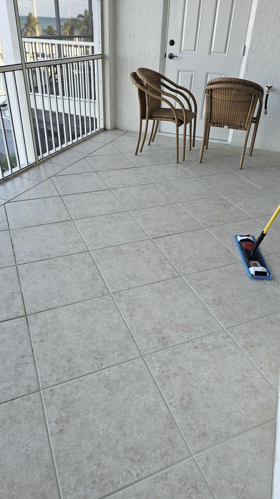 Diagonal ceramic tile on a screened condo balcony in Islamorada during tile and grout cleaning