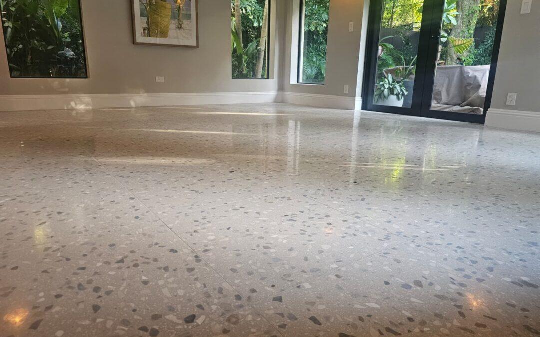 Coconut Grove terrazzo by the windows after polishing to a high shine