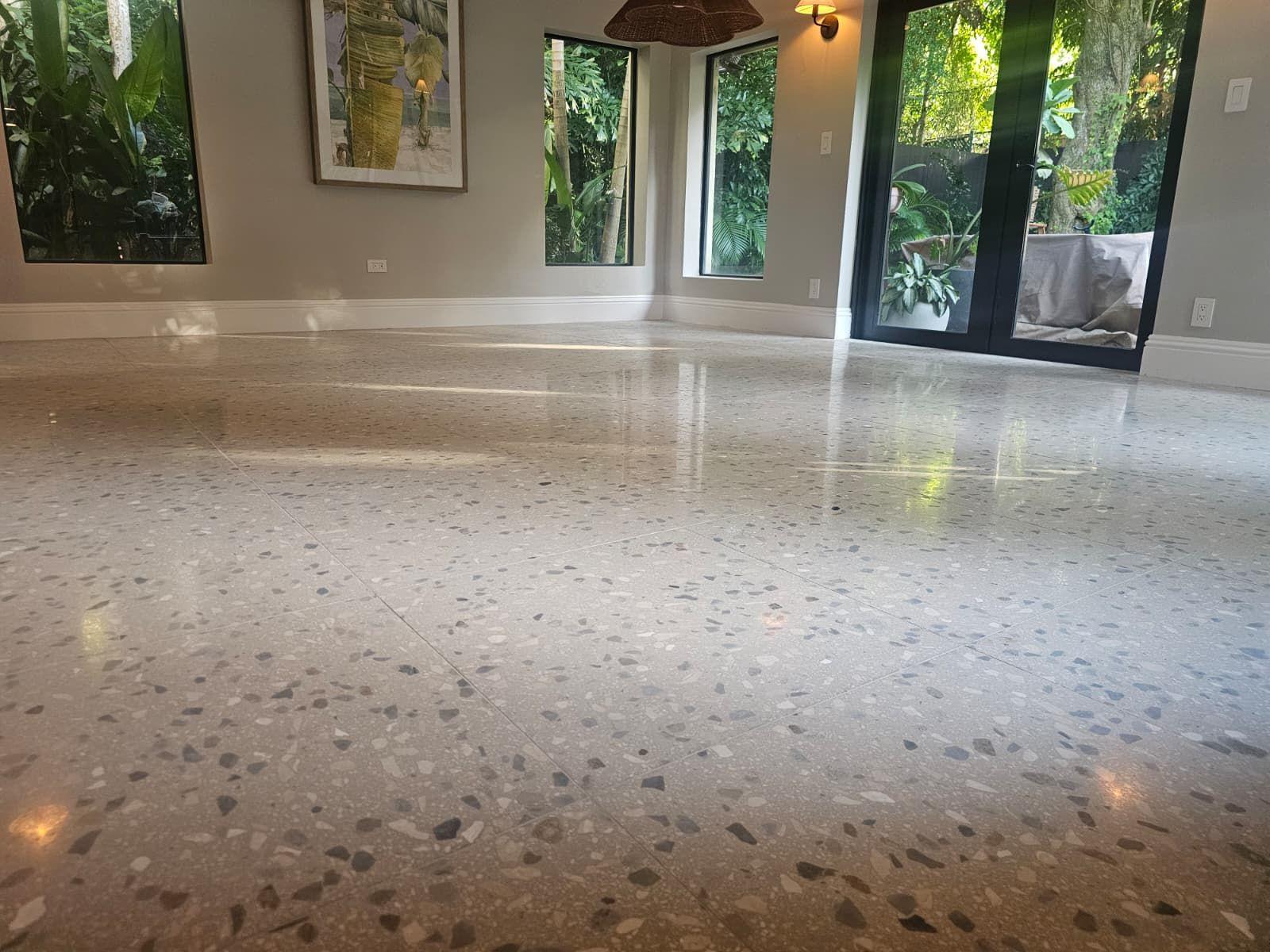 The same Coconut Grove terrazzo by the windows after polishing to a high shine