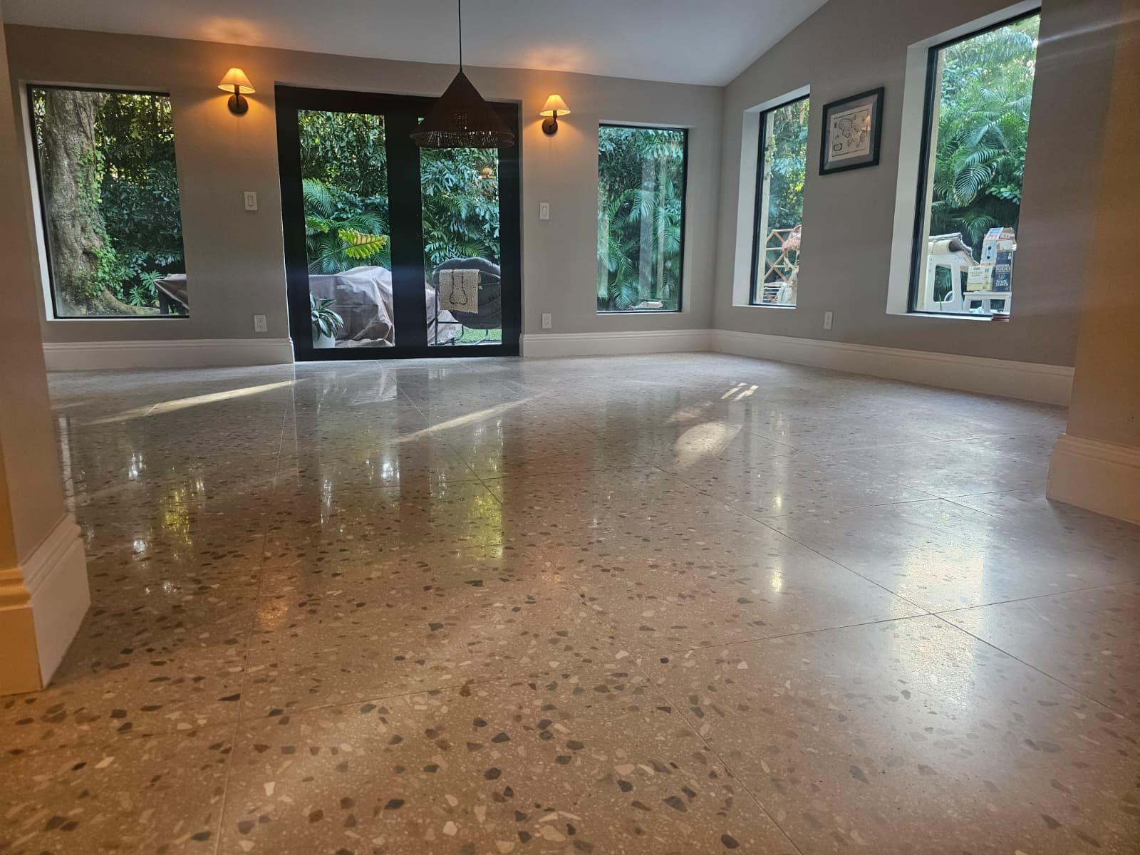 The same Coconut Grove living room terrazzo after polishing and sealing
