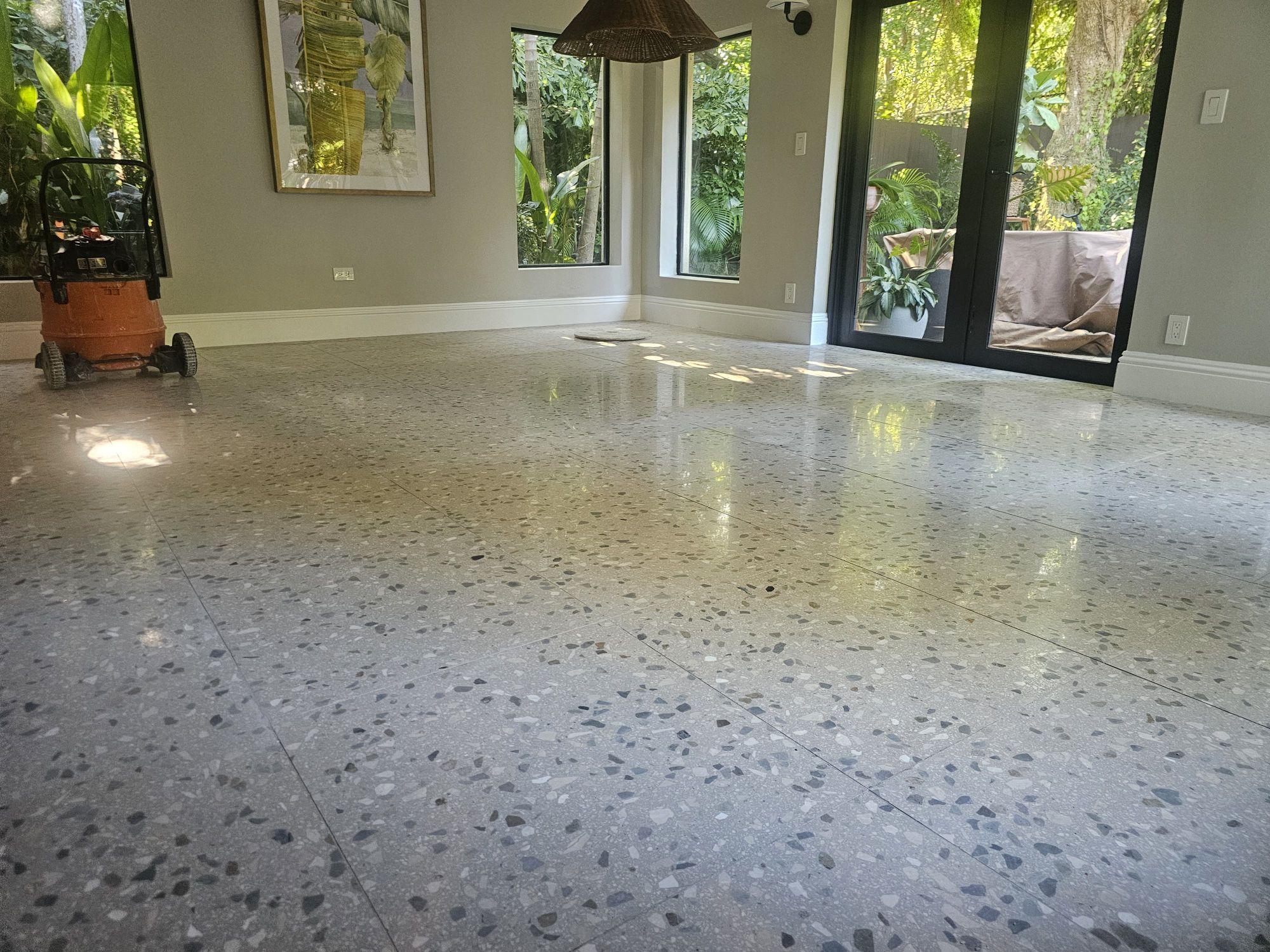 Coconut Grove terrazzo by the windows during the work, before polishing