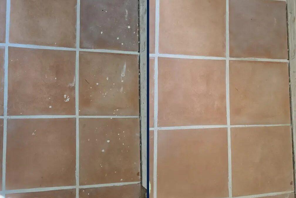 Terracotta vs saltillo: California terracotta tile floor in Miami Beach, before with white paint splatter and cement haze, after cleaning and a transparent sealer