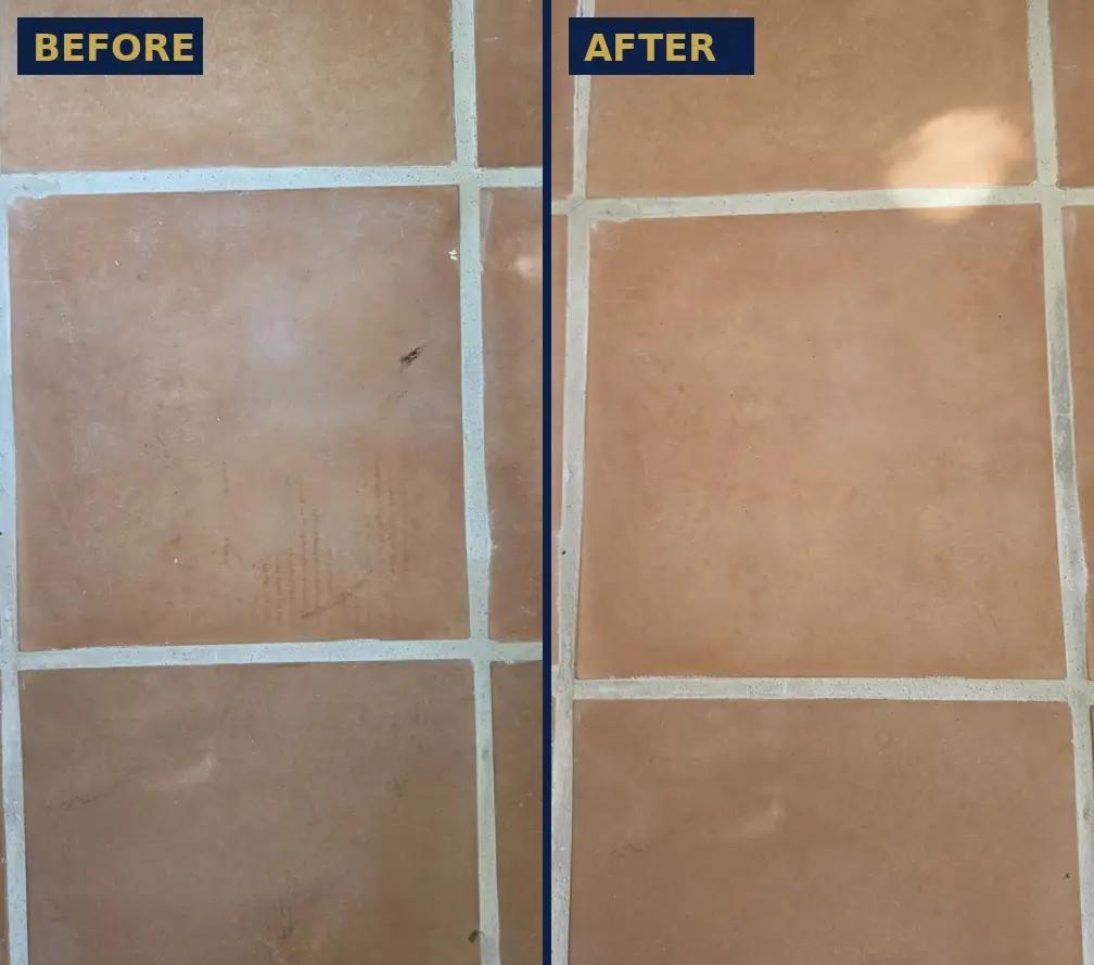 California terracotta tile in Miami Beach, before with rust streaks and haze, after cleaning and a transparent sealer